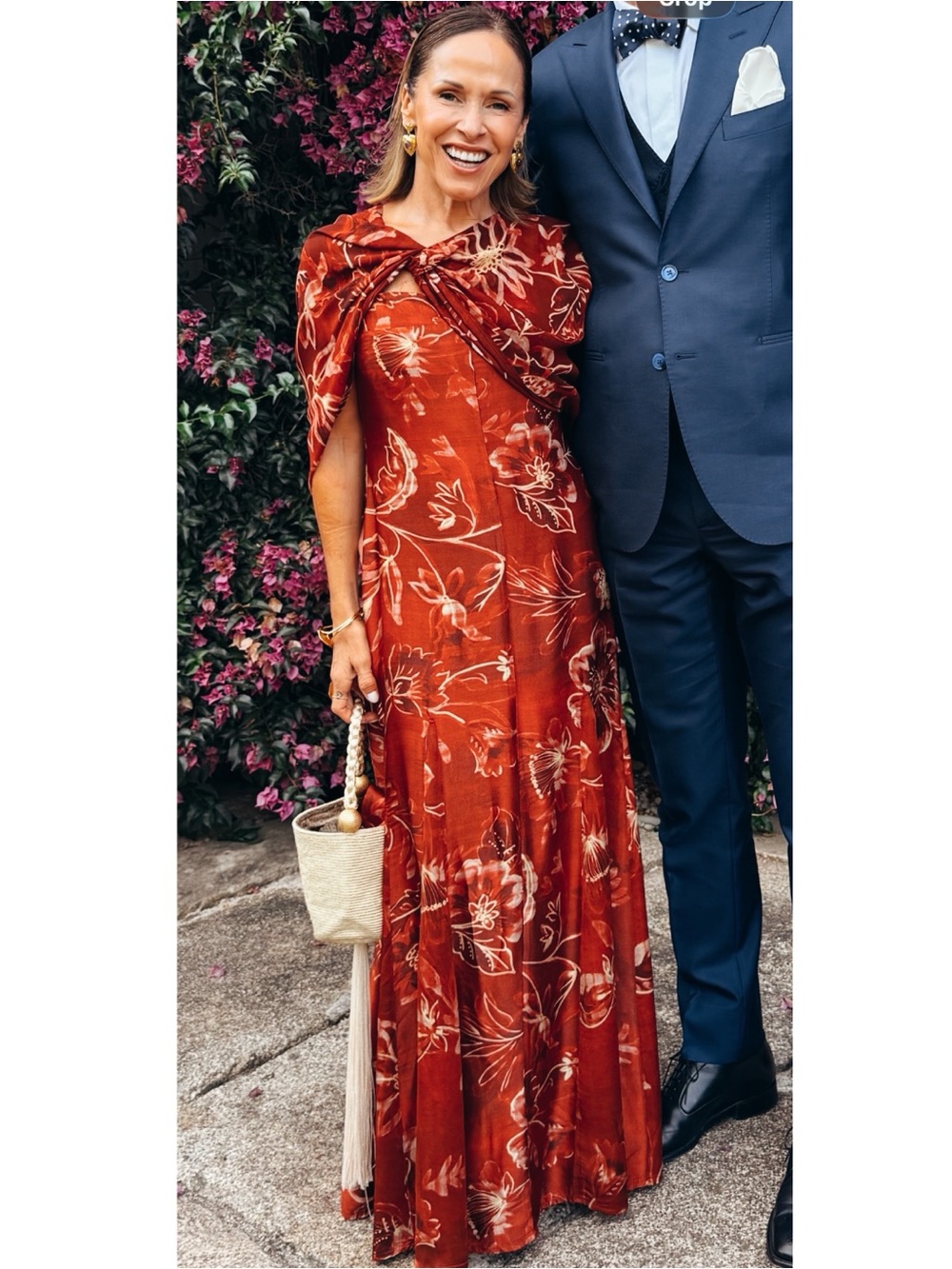Rust Floral Maxi Dress with Draped Shoulder - Women’s Elegant Occasion Dress